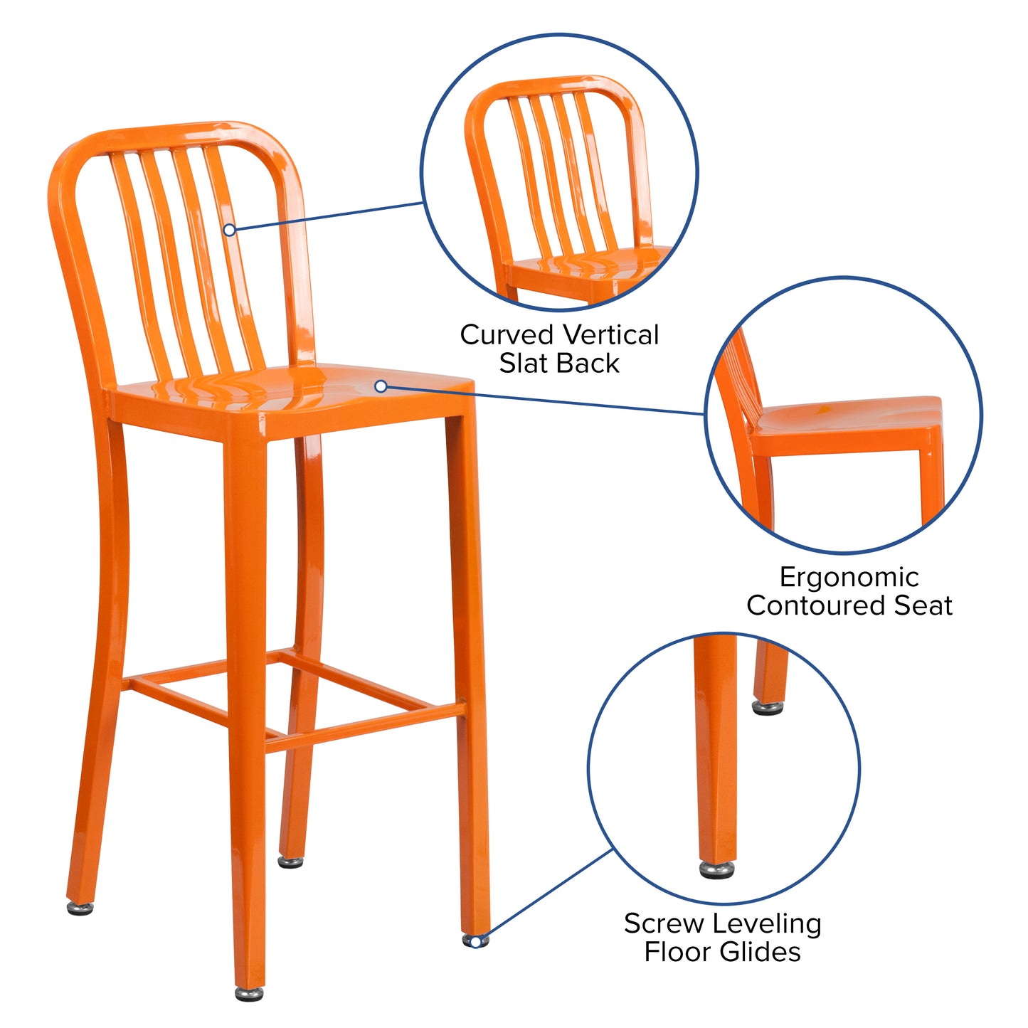 Gael Commercial Grade 30" High Orange Metal Indoor-Outdoor Barstool with Vertical Slat Back Orange