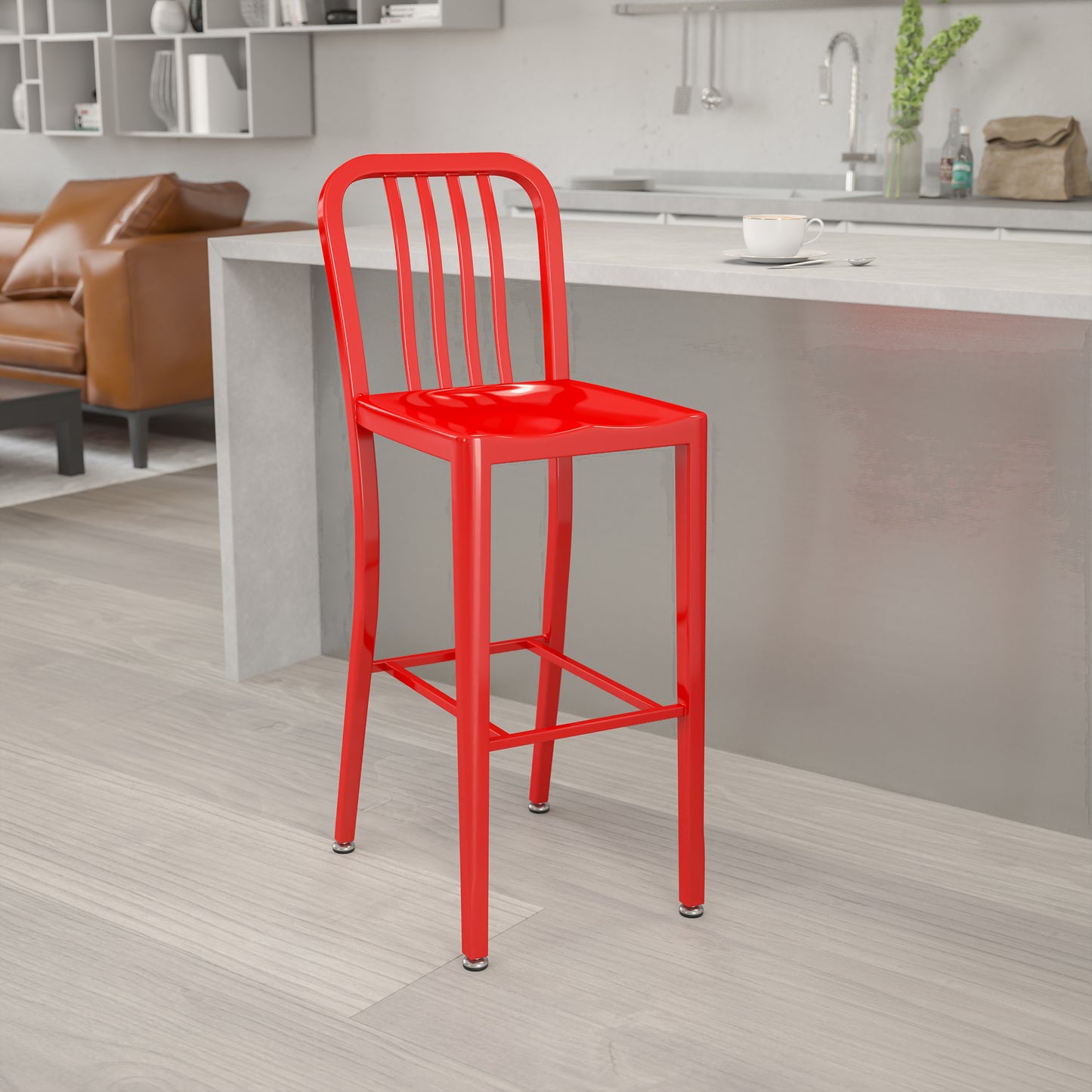 Gael Commercial Grade 30" High Red Metal Indoor-Outdoor Barstool with Vertical Slat Back Red CH-61200-30-RED-GG