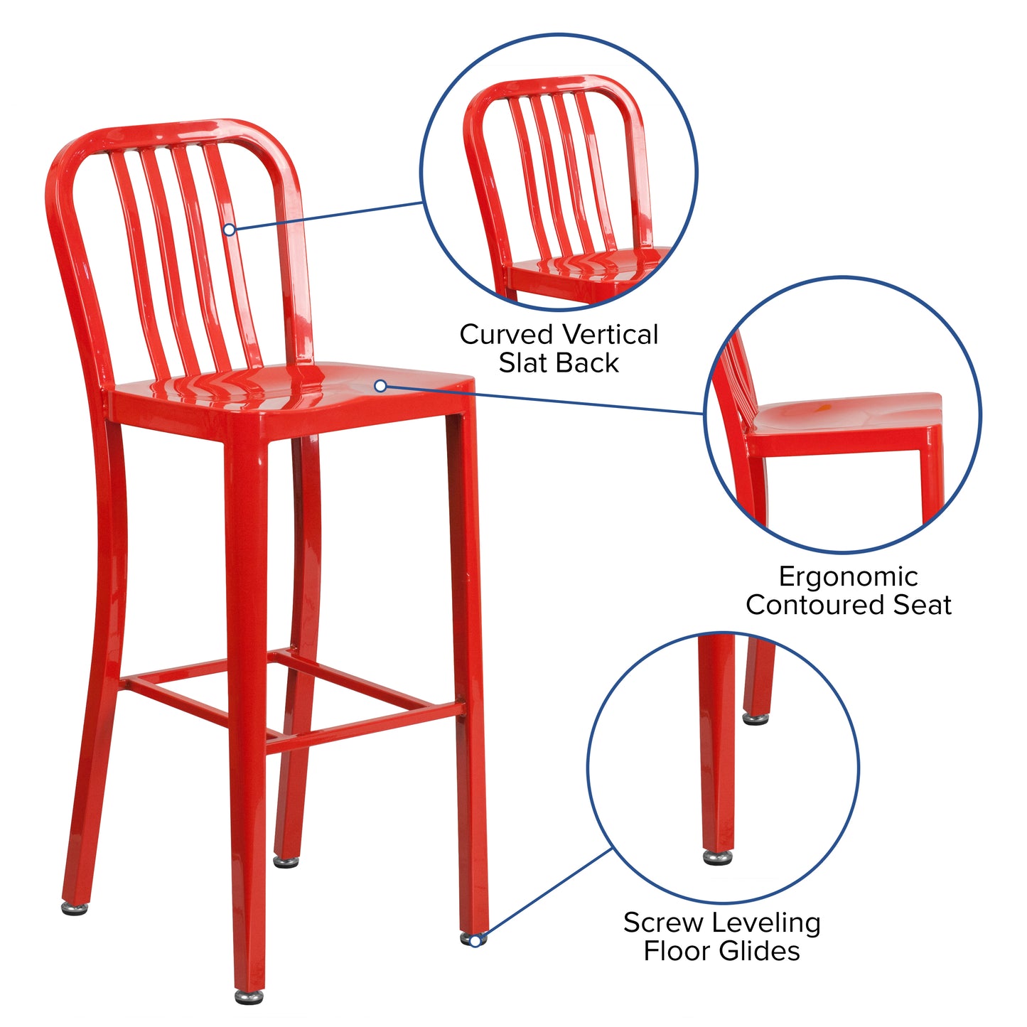 Gael Commercial Grade 30" High Red Metal Indoor-Outdoor Barstool with Vertical Slat Back Red CH-61200-30-RED-GG