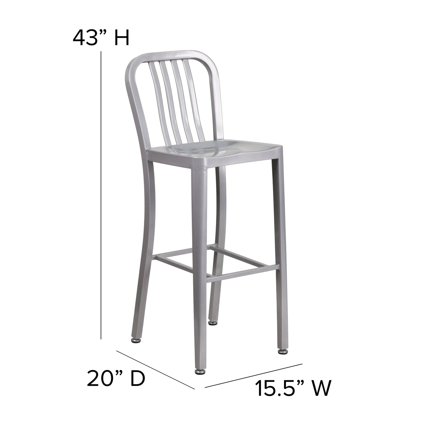 Gael Commercial Grade 30" High Silver Metal Indoor-Outdoor Barstool with Vertical Slat Back Silver