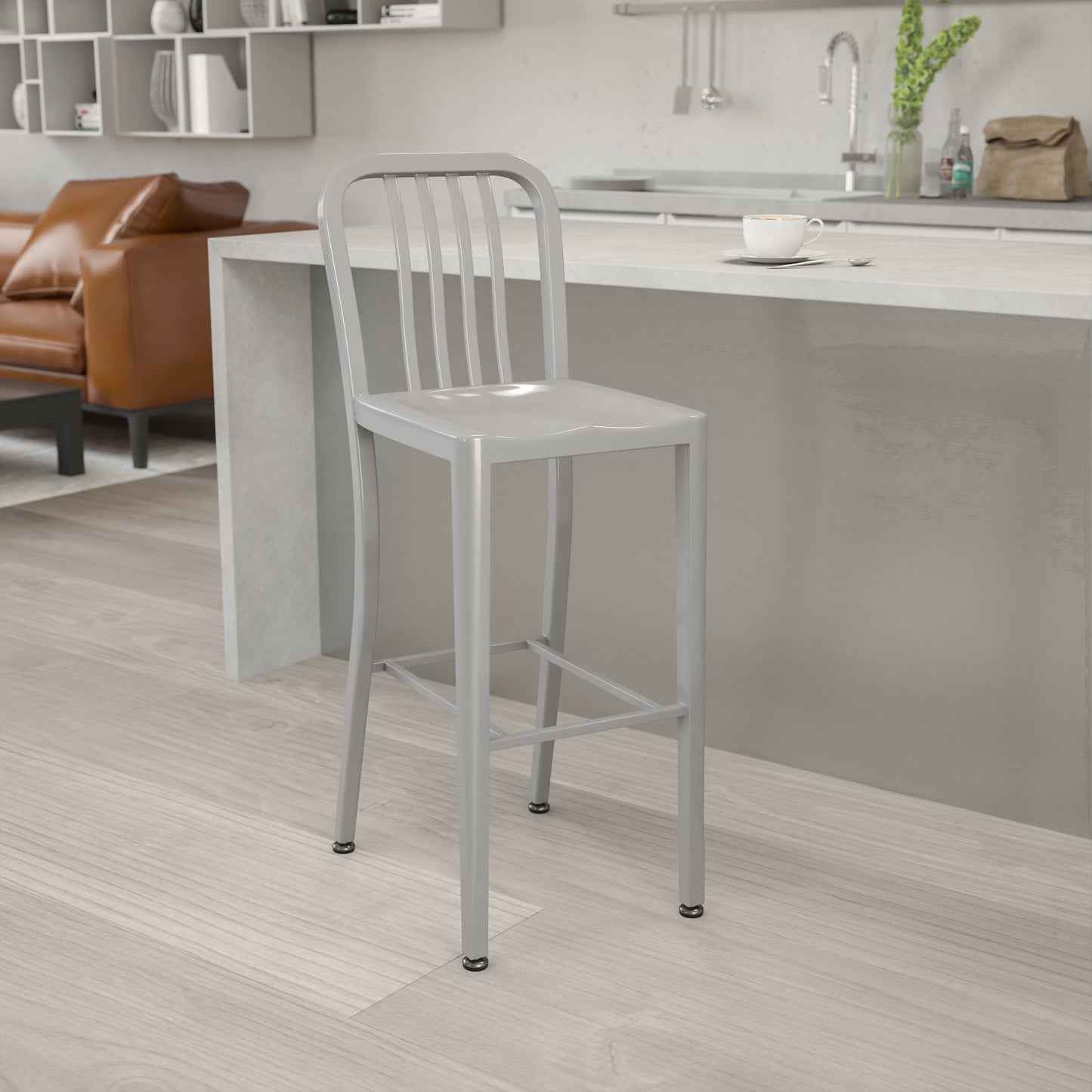Gael Commercial Grade 30" High Silver Metal Indoor-Outdoor Barstool with Vertical Slat Back Silver