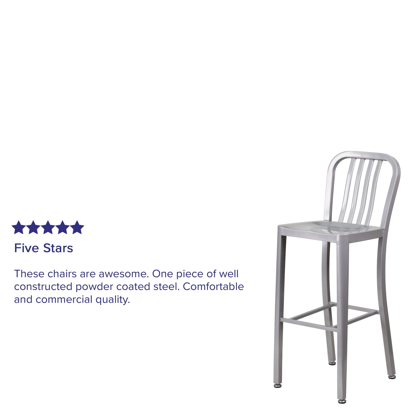 Gael Commercial Grade 30" High Silver Metal Indoor-Outdoor Barstool with Vertical Slat Back Silver