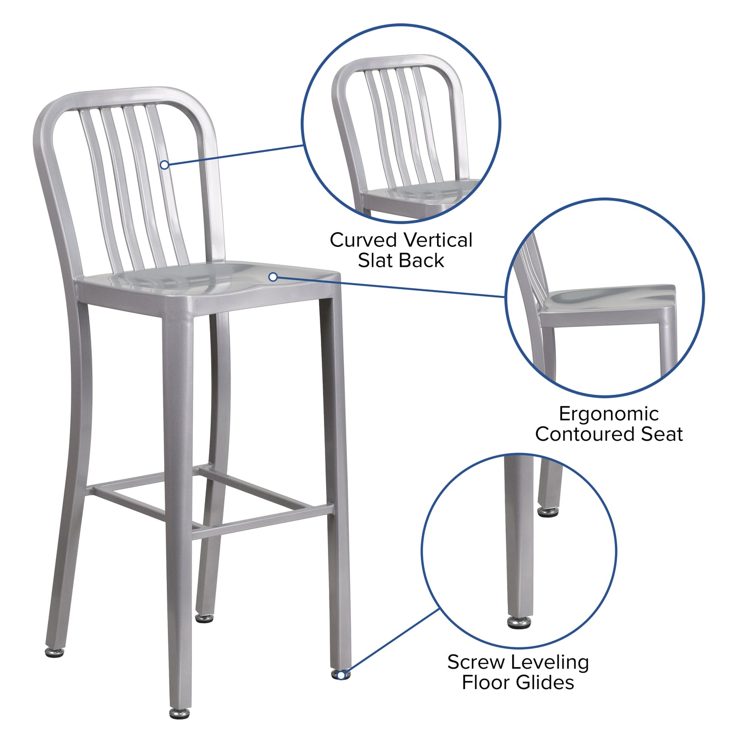 Gael Commercial Grade 30" High Silver Metal Indoor-Outdoor Barstool with Vertical Slat Back Silver