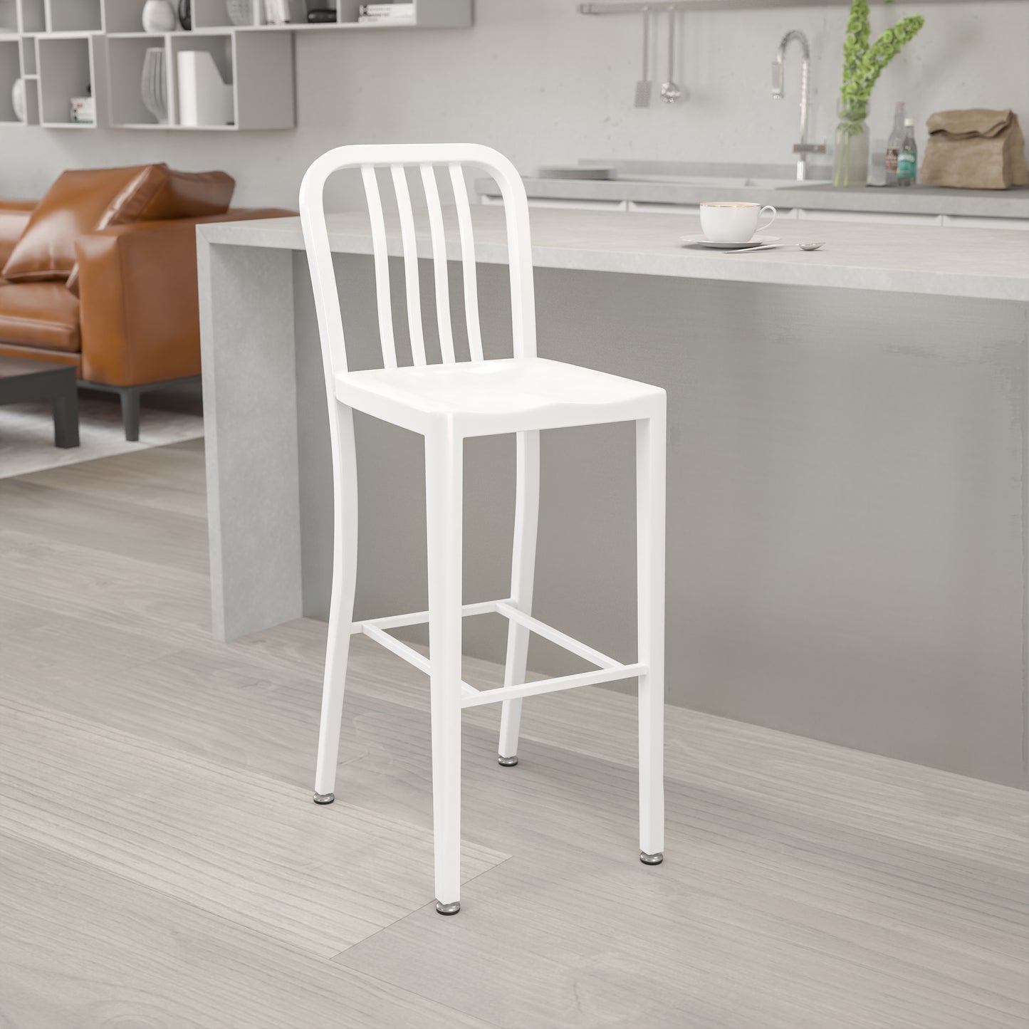 Gael Commercial Grade 30" High White Metal Indoor-Outdoor Barstool with Vertical Slat Back White