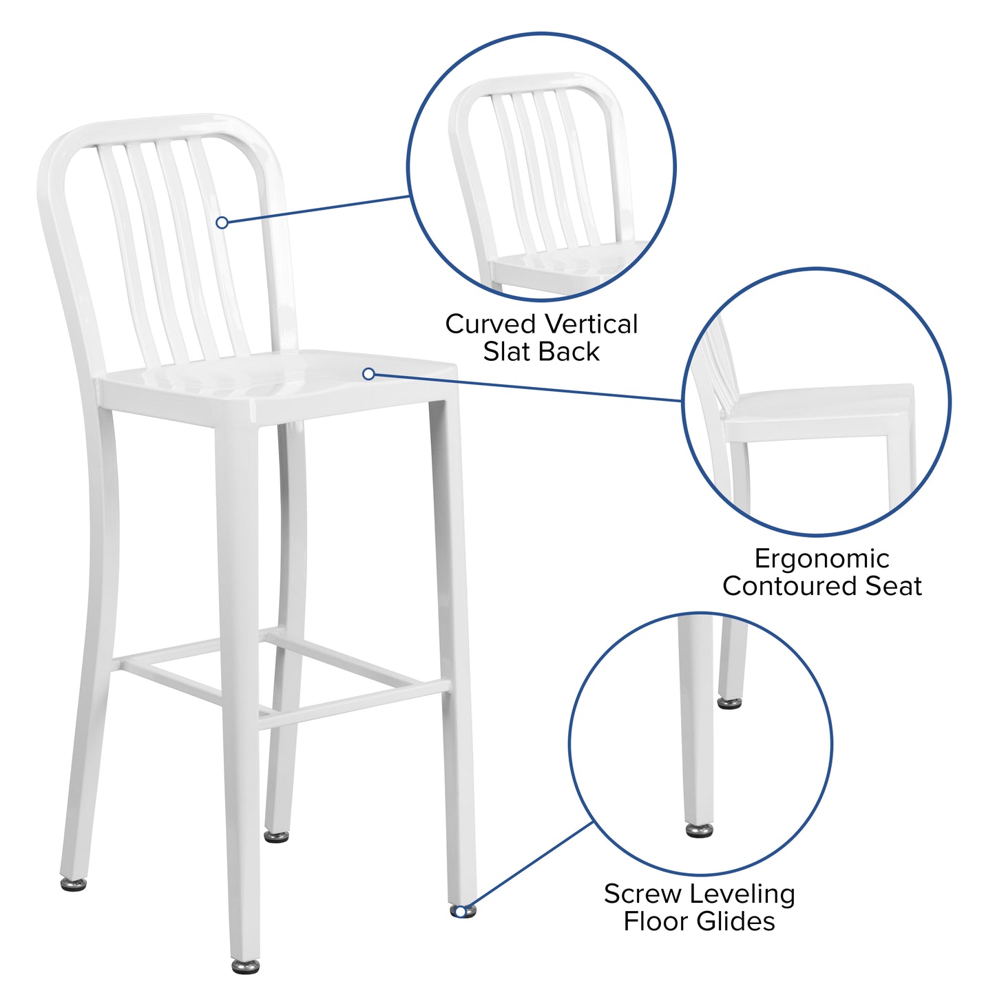Gael Commercial Grade 30" High White Metal Indoor-Outdoor Barstool with Vertical Slat Back White