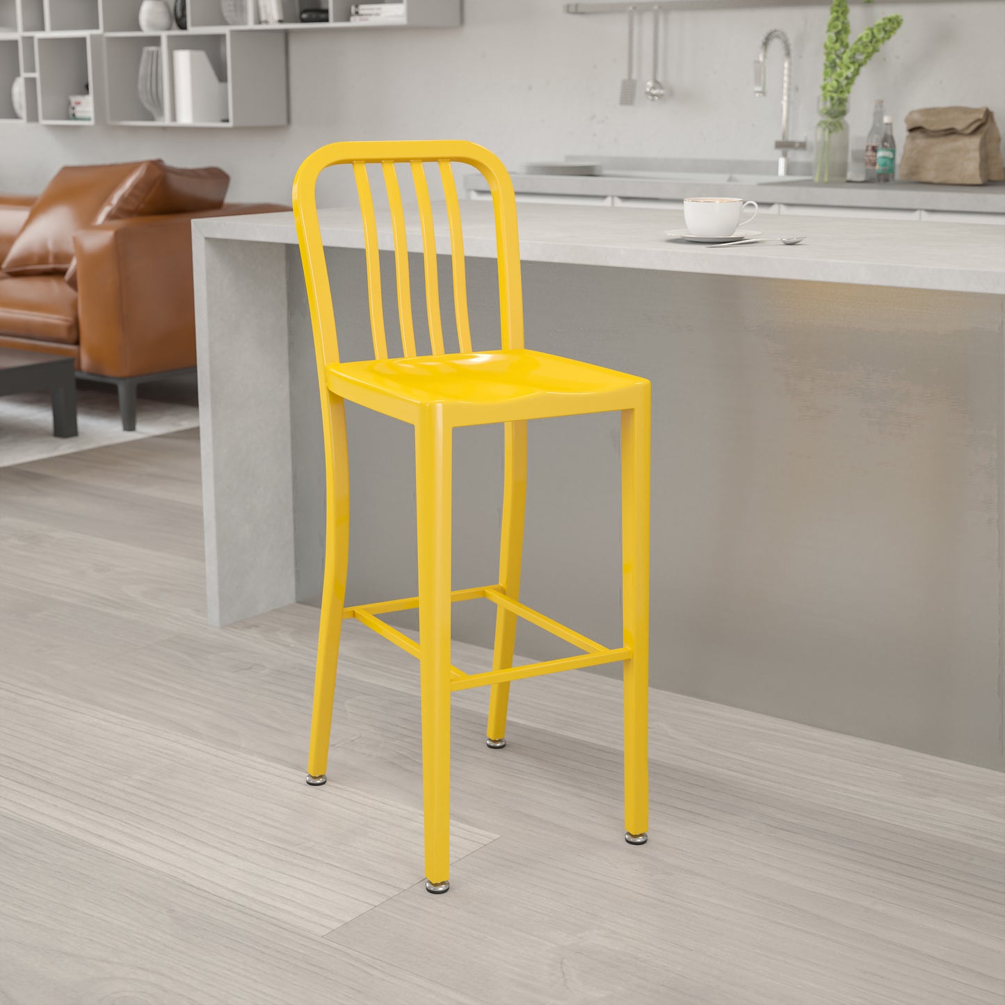 Gael Commercial Grade 30" High Yellow Metal Indoor-Outdoor Barstool with Vertical Slat Back Yellow