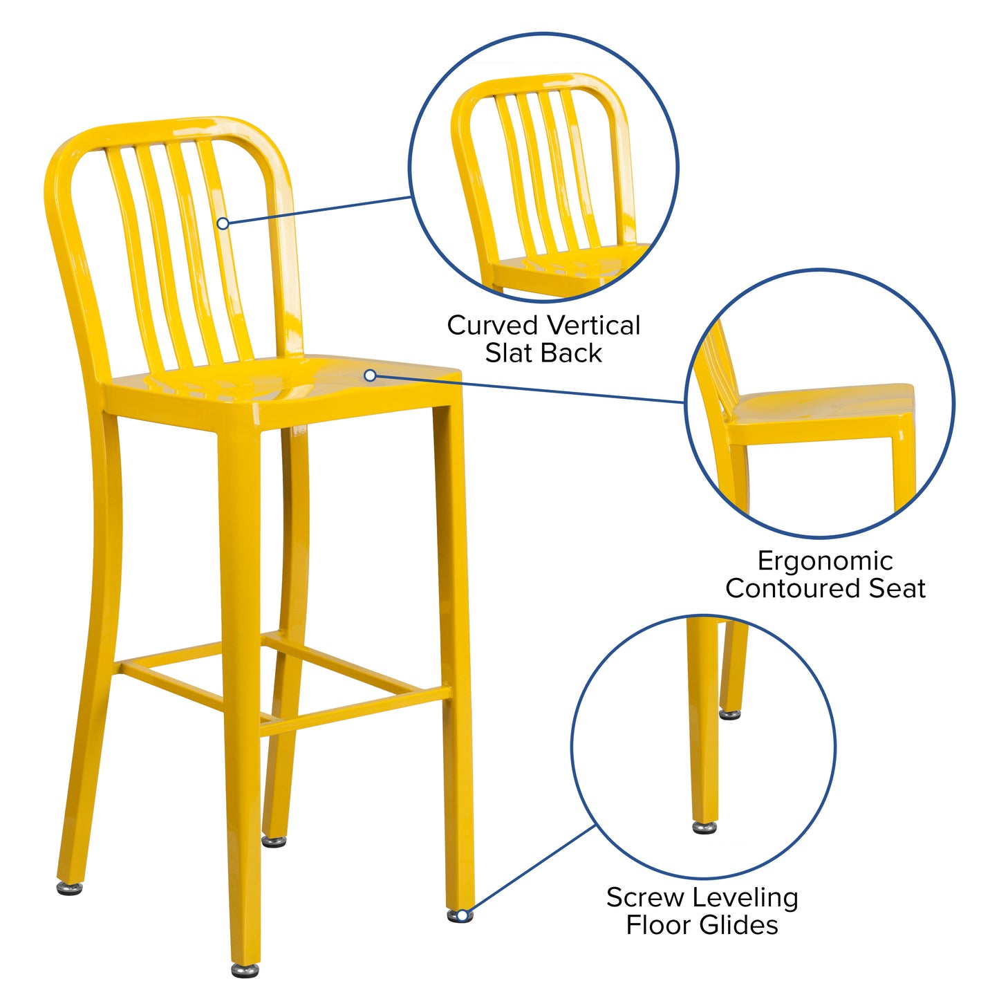 Gael Commercial Grade 30" High Yellow Metal Indoor-Outdoor Barstool with Vertical Slat Back Yellow