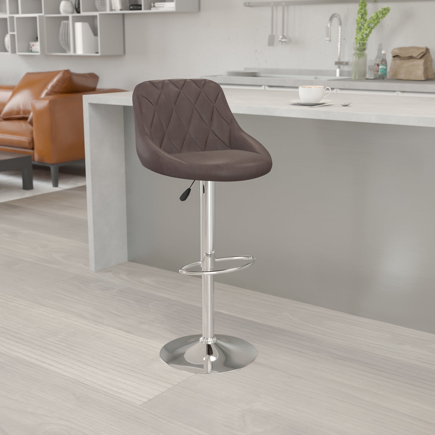 Dale Contemporary Brown Vinyl Bucket Seat Adjustable Height Barstool with Diamond Pattern Back and Chrome Base Brown