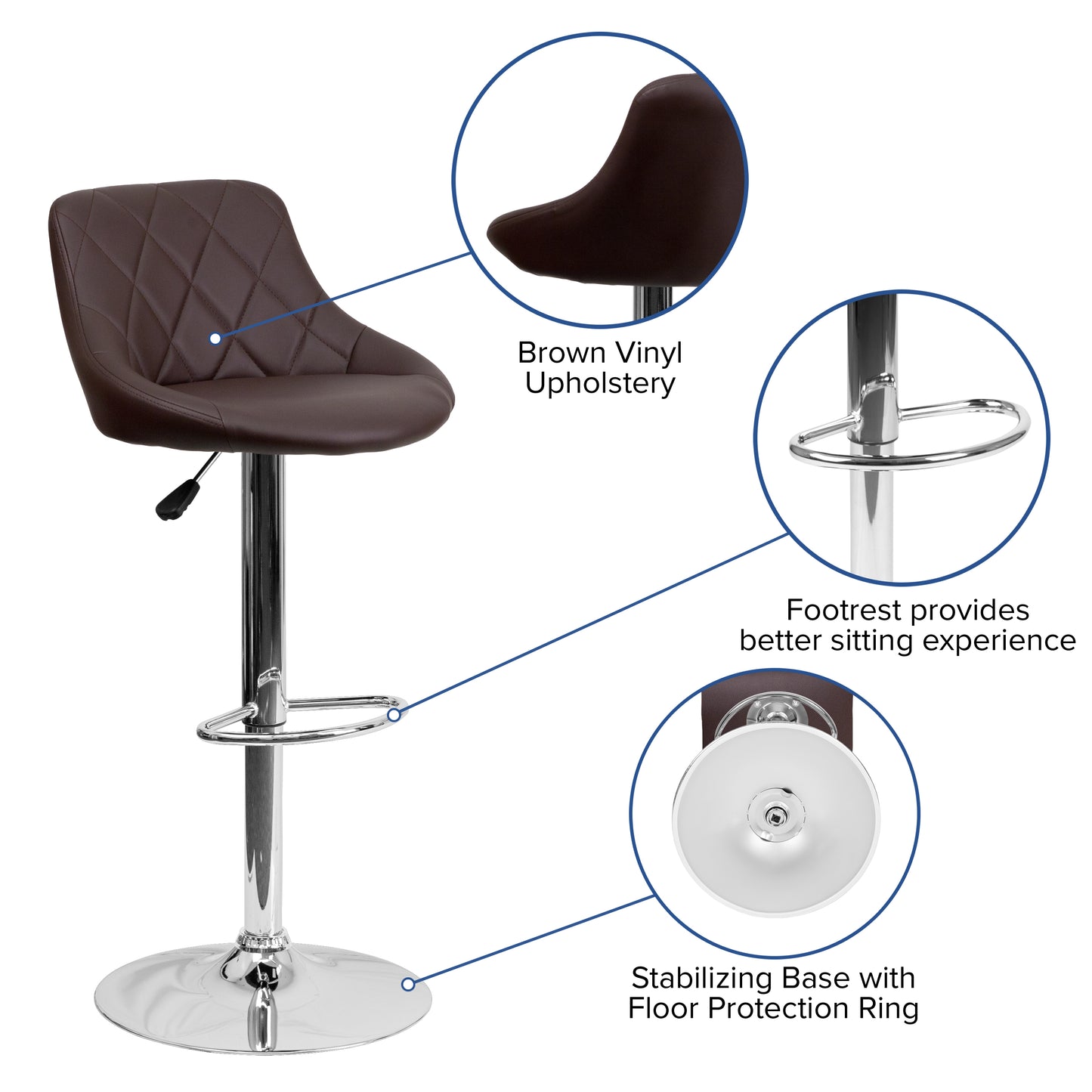 Dale Contemporary Brown Vinyl Bucket Seat Adjustable Height Barstool with Diamond Pattern Back and Chrome Base Brown