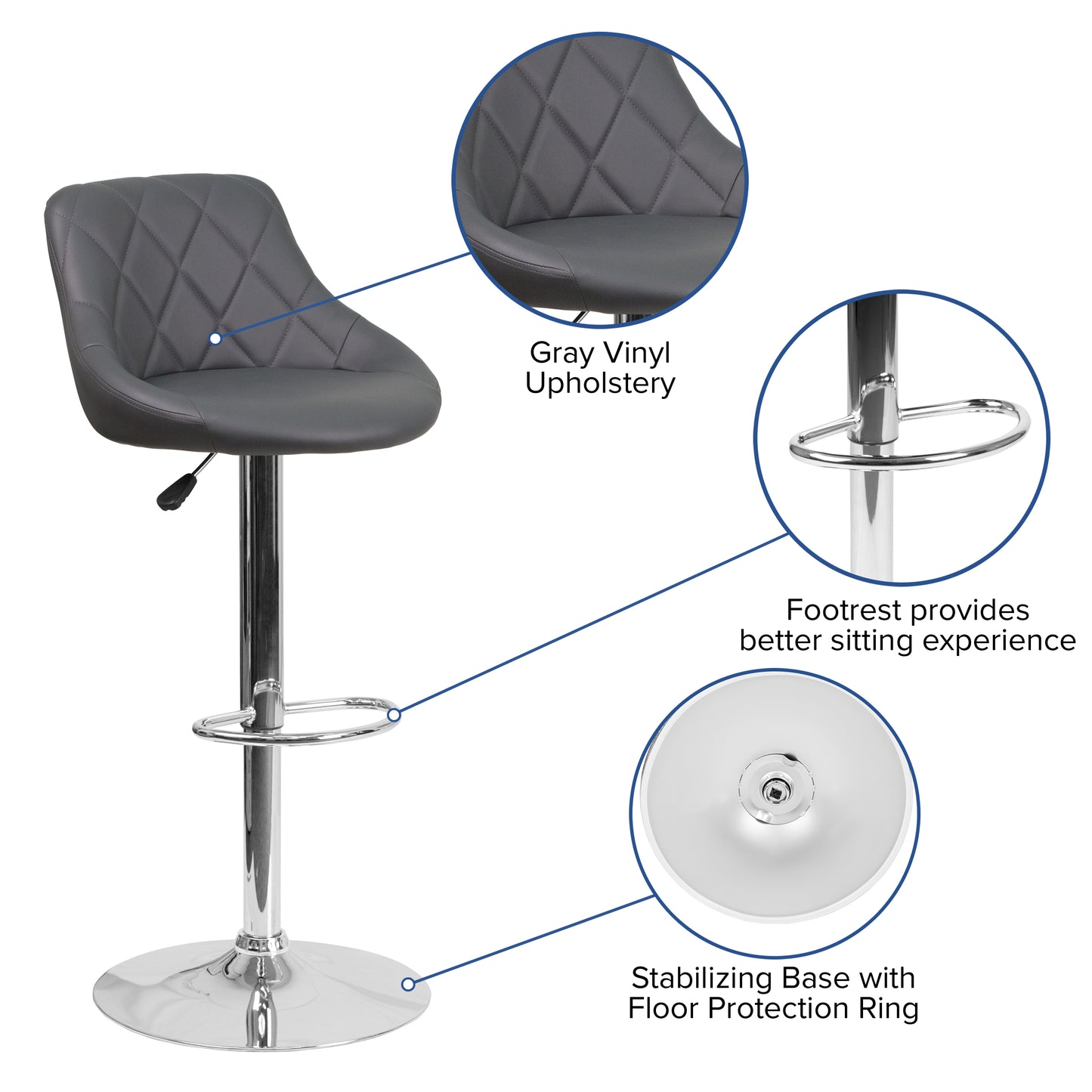 Dale Contemporary Gray Vinyl Bucket Seat Adjustable Height Barstool with Chrome Base Gray