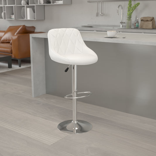 Dale Contemporary White Vinyl Bucket Seat Adjustable Height Barstool with Diamond Pattern Back and Chrome Base White