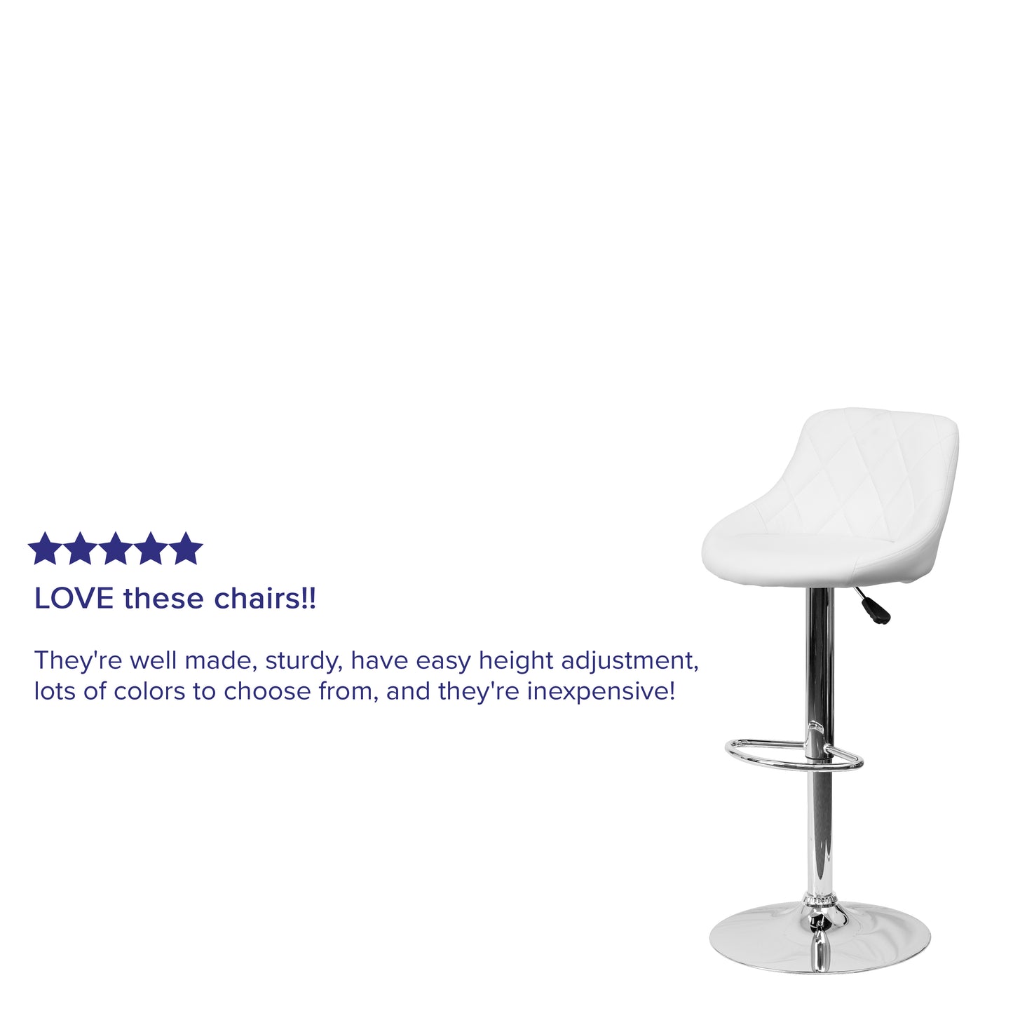 Dale Contemporary White Vinyl Bucket Seat Adjustable Height Barstool with Diamond Pattern Back and Chrome Base White