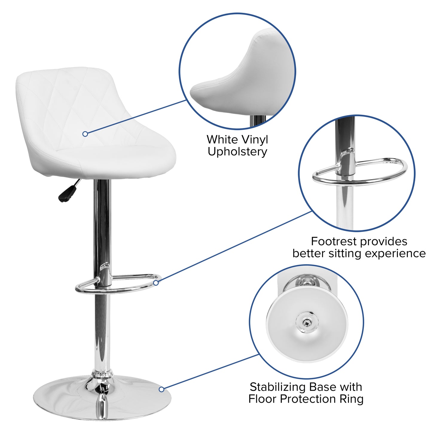 Dale Contemporary White Vinyl Bucket Seat Adjustable Height Barstool with Diamond Pattern Back and Chrome Base White