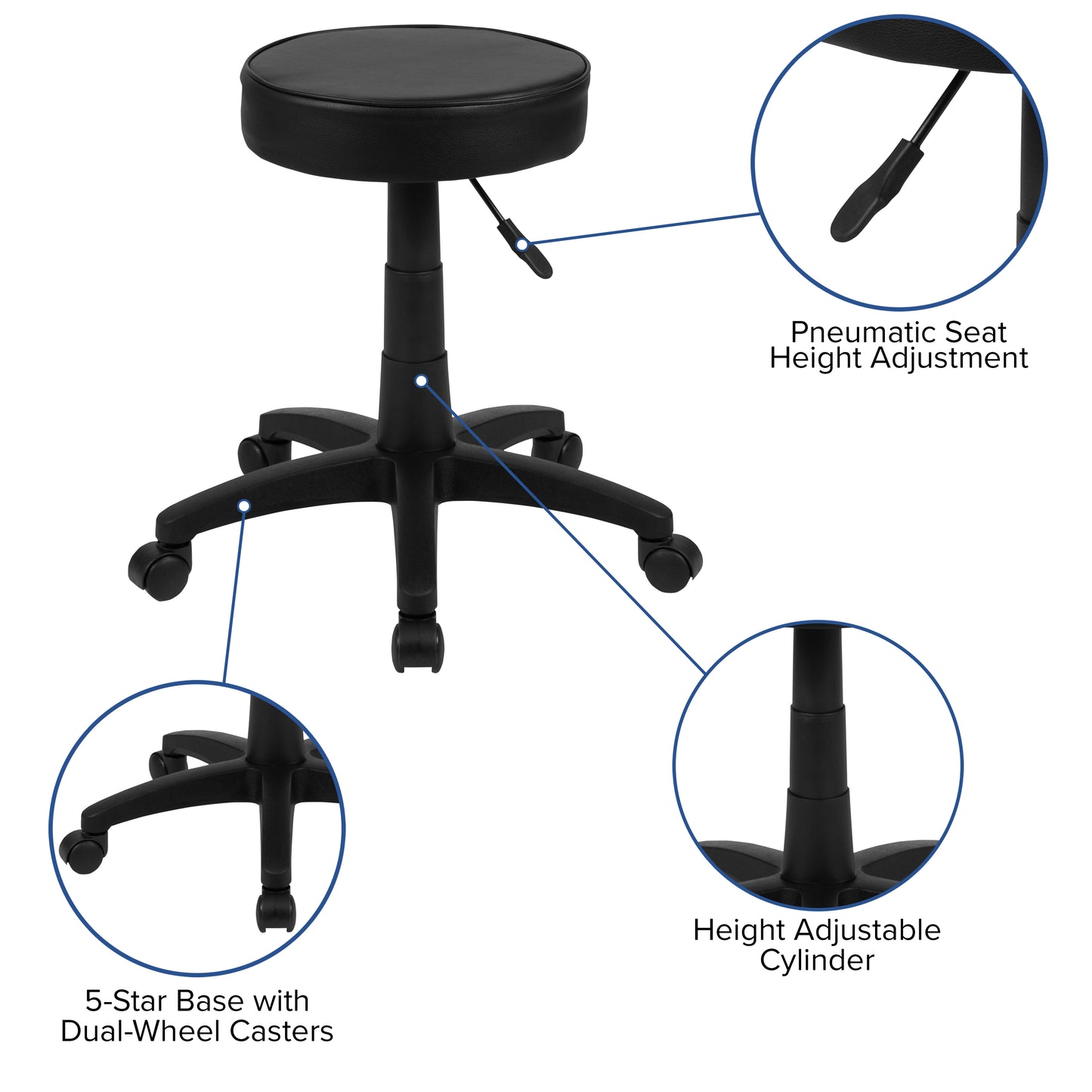 Baker Black Adjustable Doctors Stool on Wheels with Ergonomic Molded Seat Black