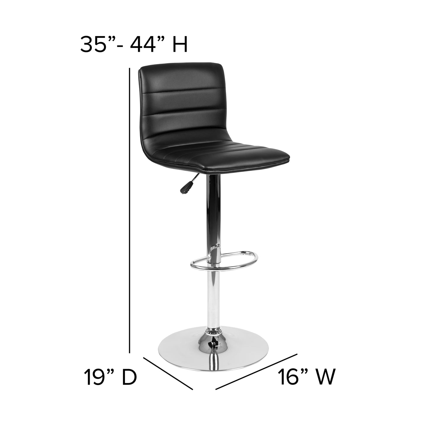 Vincent Modern Black Vinyl Adjustable Bar Stool with Back, Swivel Stool with Chrome Pedestal Base and Footrest Black Vinyl/Chrome Frame