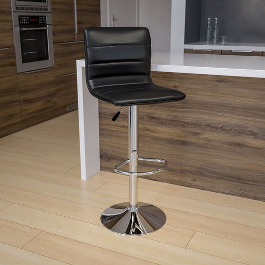 Vincent Modern Black Vinyl Adjustable Bar Stool with Back, Swivel Stool with Chrome Pedestal Base and Footrest Black Vinyl/Chrome Frame CH-92023-1-BK-GG