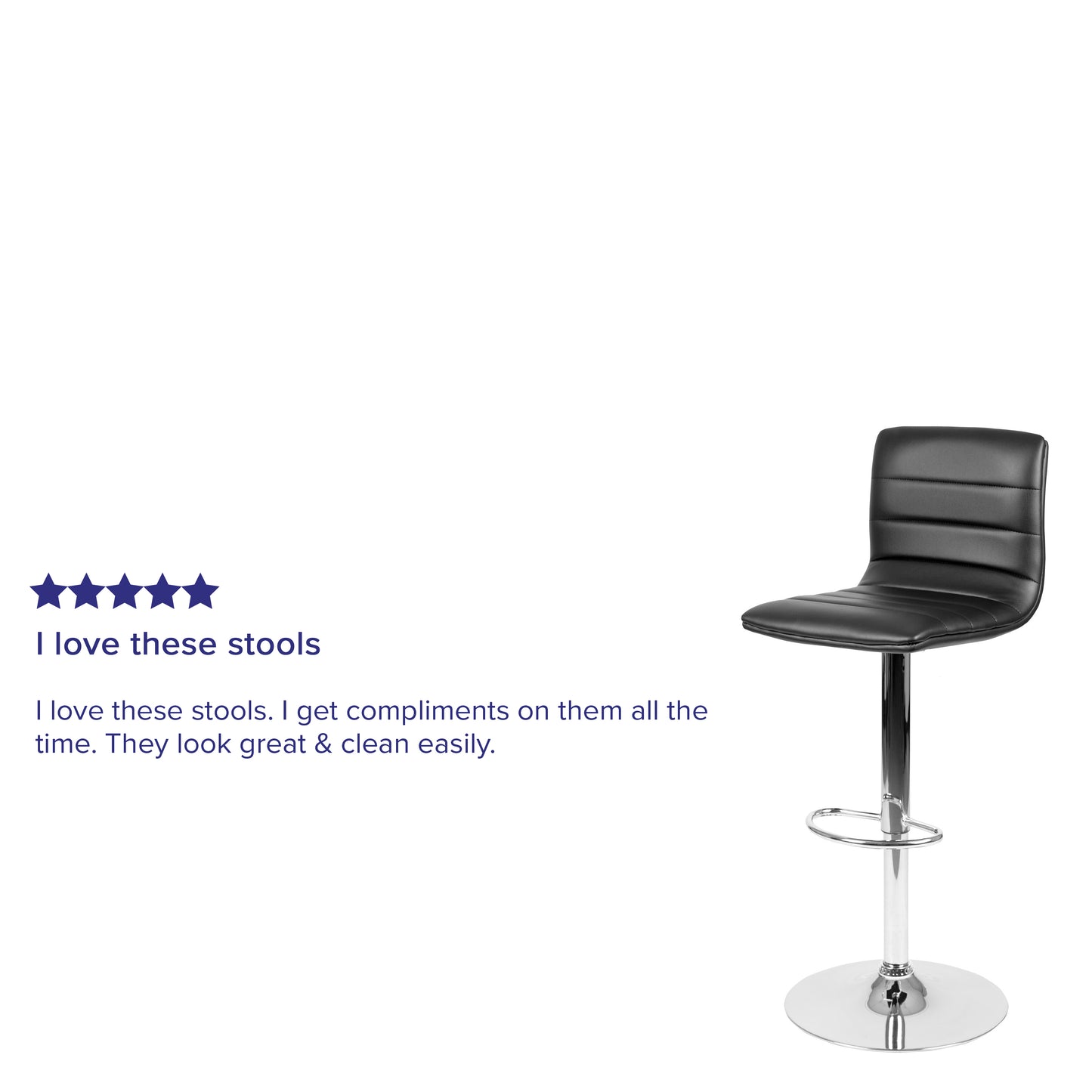 Vincent Modern Black Vinyl Adjustable Bar Stool with Back, Swivel Stool with Chrome Pedestal Base and Footrest Black Vinyl/Chrome Frame