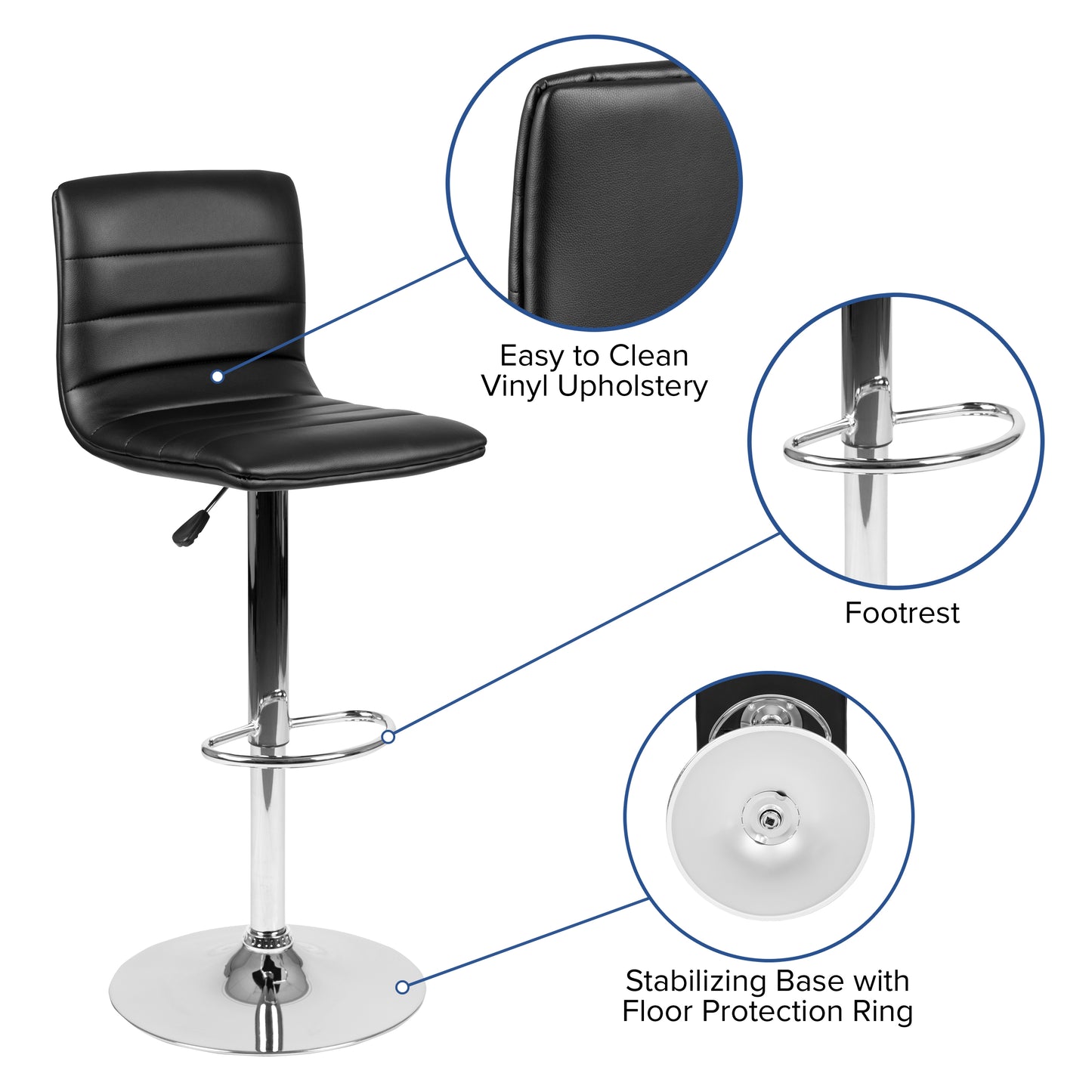 Vincent Modern Black Vinyl Adjustable Bar Stool with Back, Swivel Stool with Chrome Pedestal Base and Footrest Black Vinyl/Chrome Frame