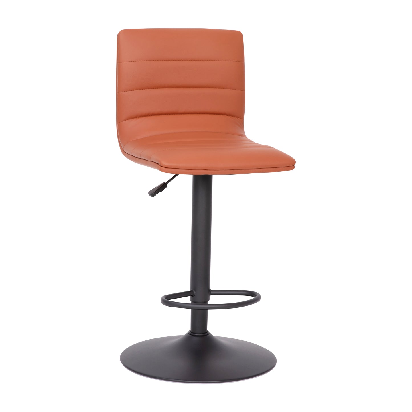 Vincent Modern Cognac Vinyl Adjustable Bar Stool with Back, Swivel Stool with Black Pedestal Base and Footrest Cognac Vinyl/Black Frame