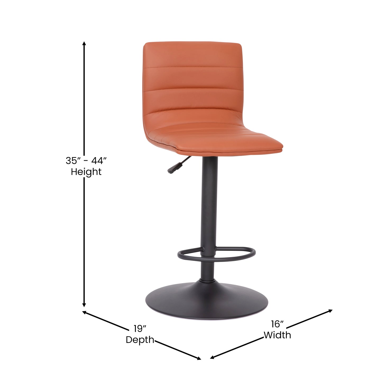 Vincent Modern Cognac Vinyl Adjustable Bar Stool with Back, Swivel Stool with Black Pedestal Base and Footrest Cognac Vinyl/Black Frame