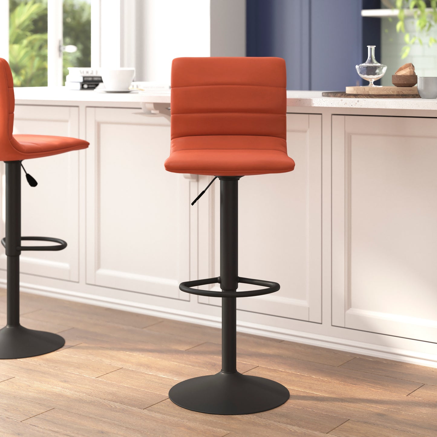 Vincent Modern Cognac Vinyl Adjustable Bar Stool with Back, Swivel Stool with Black Pedestal Base and Footrest Cognac Vinyl/Black Frame