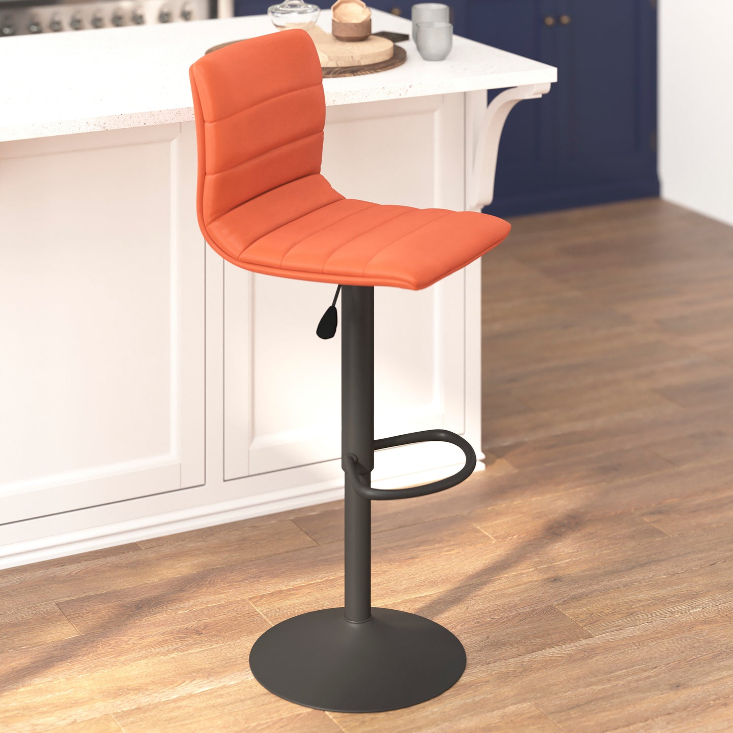 Vincent Modern Cognac Vinyl Adjustable Bar Stool with Back, Swivel Stool with Black Pedestal Base and Footrest Cognac Vinyl/Black Frame