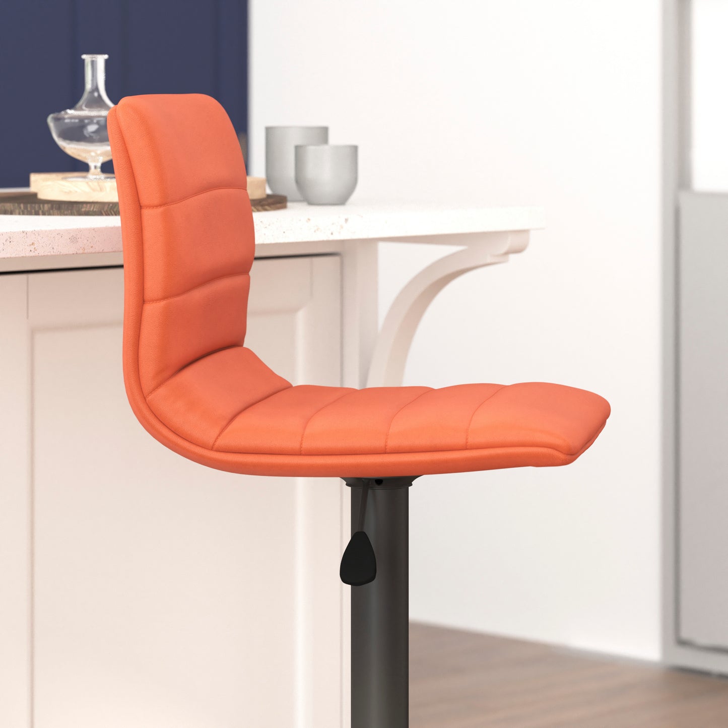 Vincent Modern Cognac Vinyl Adjustable Bar Stool with Back, Swivel Stool with Black Pedestal Base and Footrest Cognac Vinyl/Black Frame