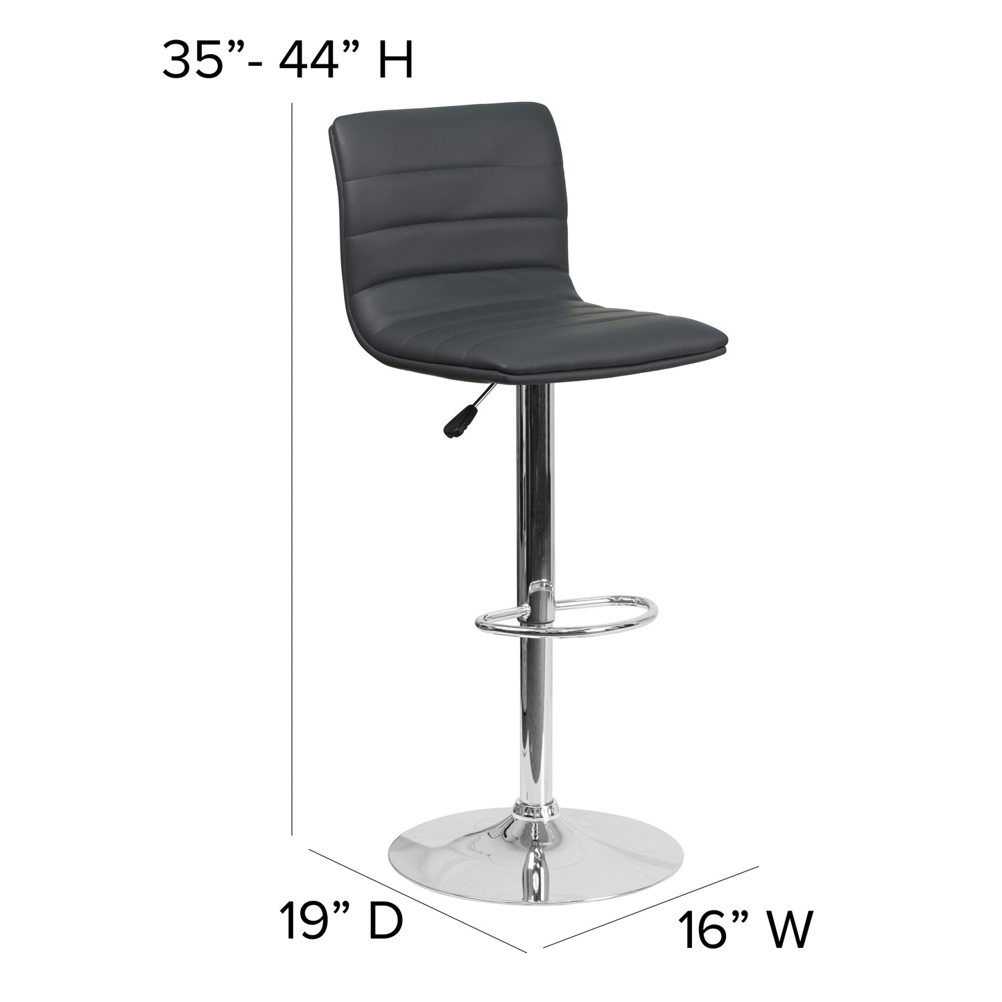 Vincent Modern Gray Vinyl Adjustable Bar Stool with Back, Swivel Stool with Chrome Pedestal Base and Footrest Gray Vinyl/Chrome Frame