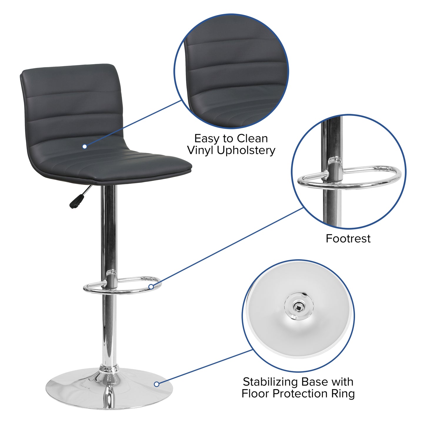 Vincent Modern Gray Vinyl Adjustable Bar Stool with Back, Swivel Stool with Chrome Pedestal Base and Footrest Gray Vinyl/Chrome Frame