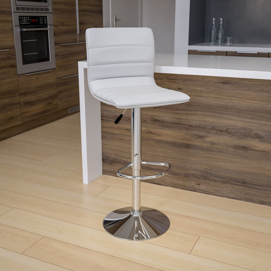 Vincent Modern White Vinyl Adjustable Bar Stool with Back, Swivel Stool with Chrome Pedestal Base and Footrest White Vinyl/Chrome Frame CH-92023-1-WH-GG