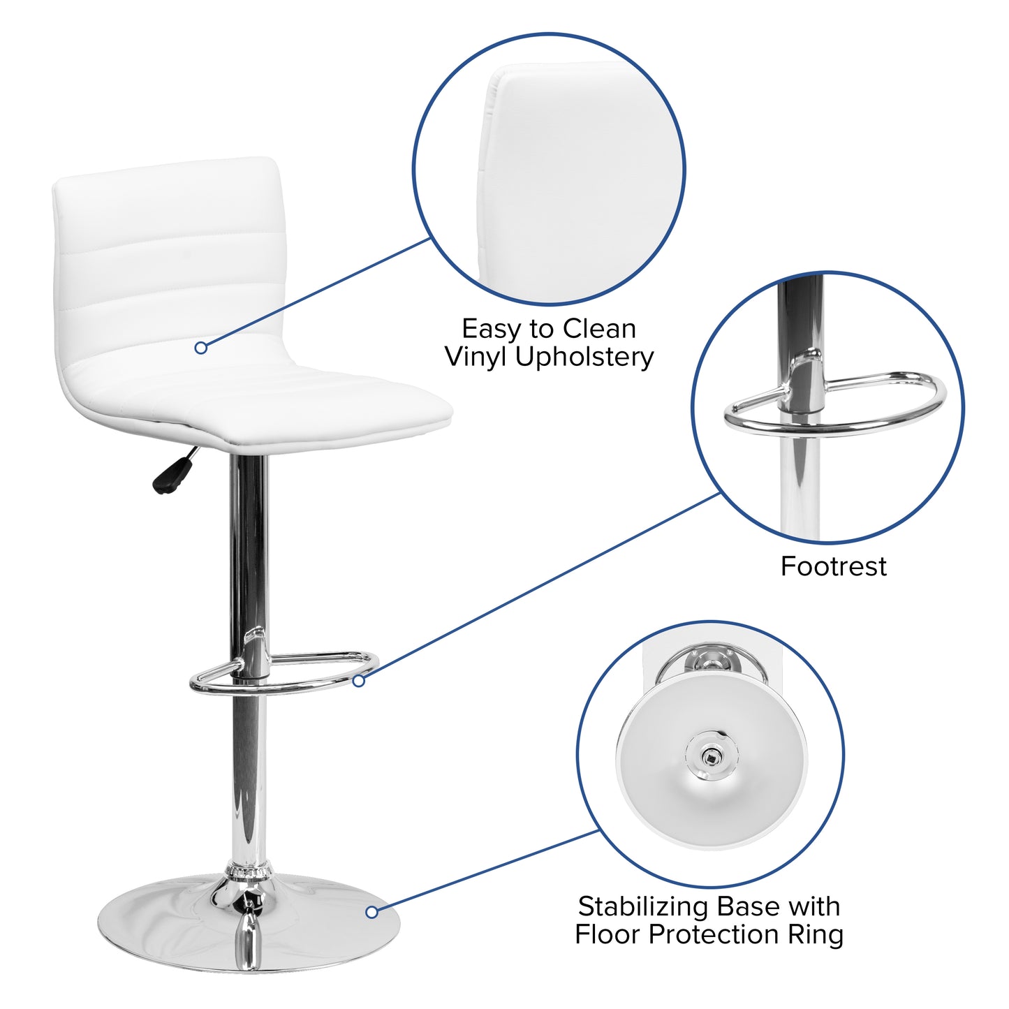 Vincent Modern White Vinyl Adjustable Bar Stool with Back, Swivel Stool with Chrome Pedestal Base and Footrest White Vinyl/Chrome Frame