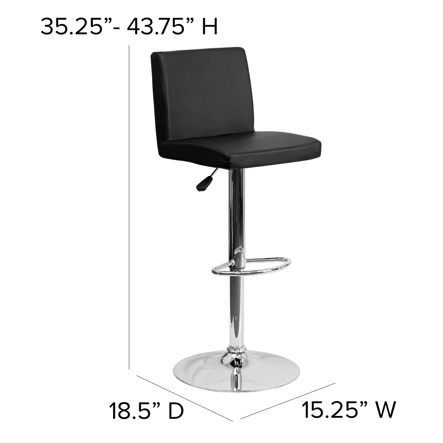 Betty Contemporary Black Vinyl Adjustable Height Barstool with Panel Back and Chrome Base Black