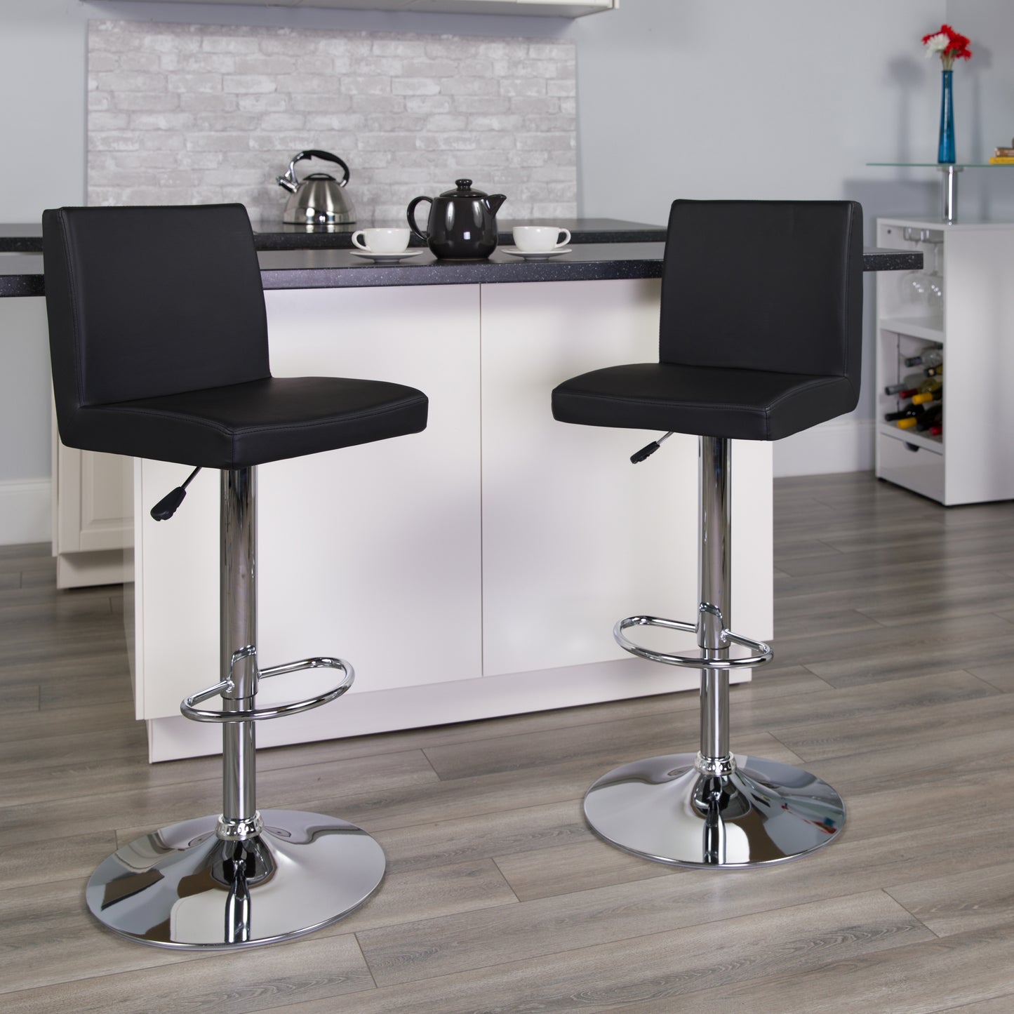 Betty Contemporary Black Vinyl Adjustable Height Barstool with Panel Back and Chrome Base Black