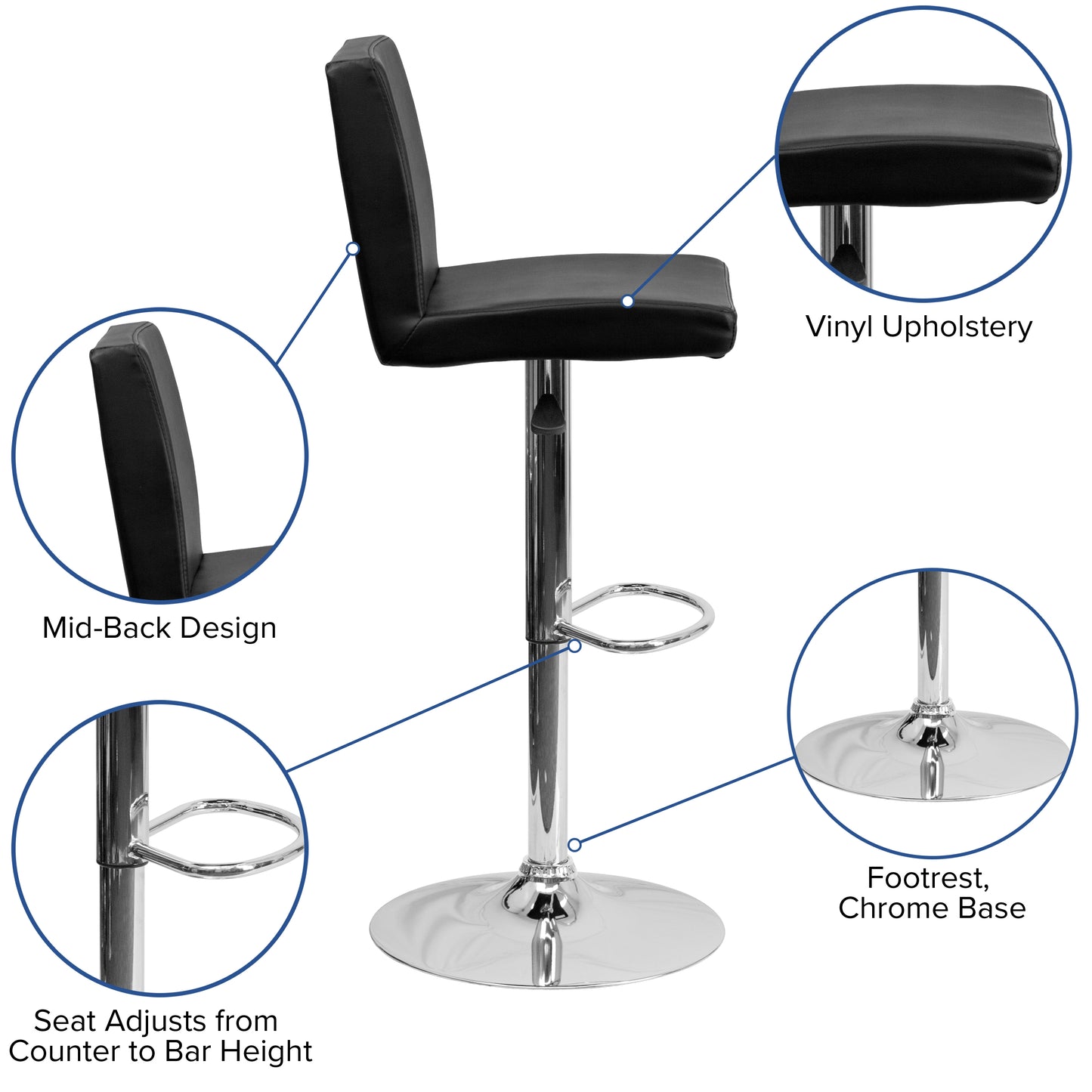 Betty Contemporary Black Vinyl Adjustable Height Barstool with Panel Back and Chrome Base Black