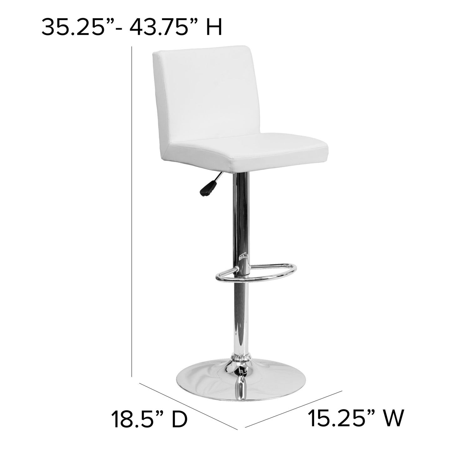 Betty Contemporary White Vinyl Adjustable Height Barstool with Panel Back and Chrome Base White