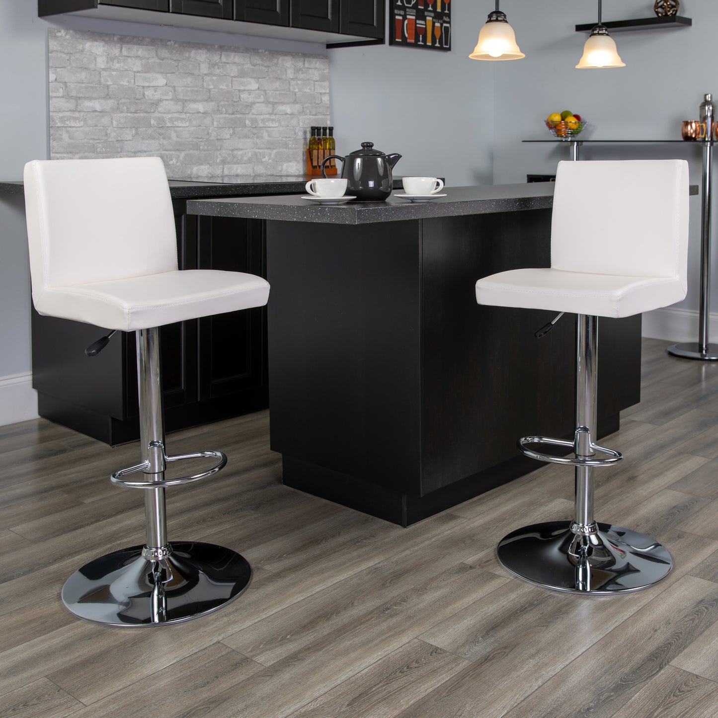 Betty Contemporary White Vinyl Adjustable Height Barstool with Panel Back and Chrome Base White