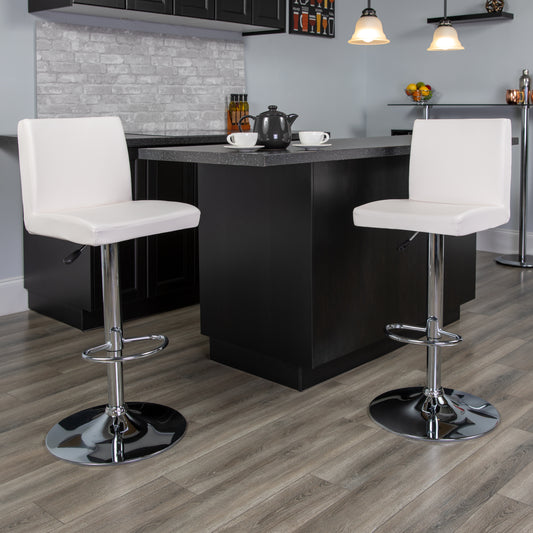 Betty Contemporary White Vinyl Adjustable Height Barstool with Panel Back and Chrome Base White