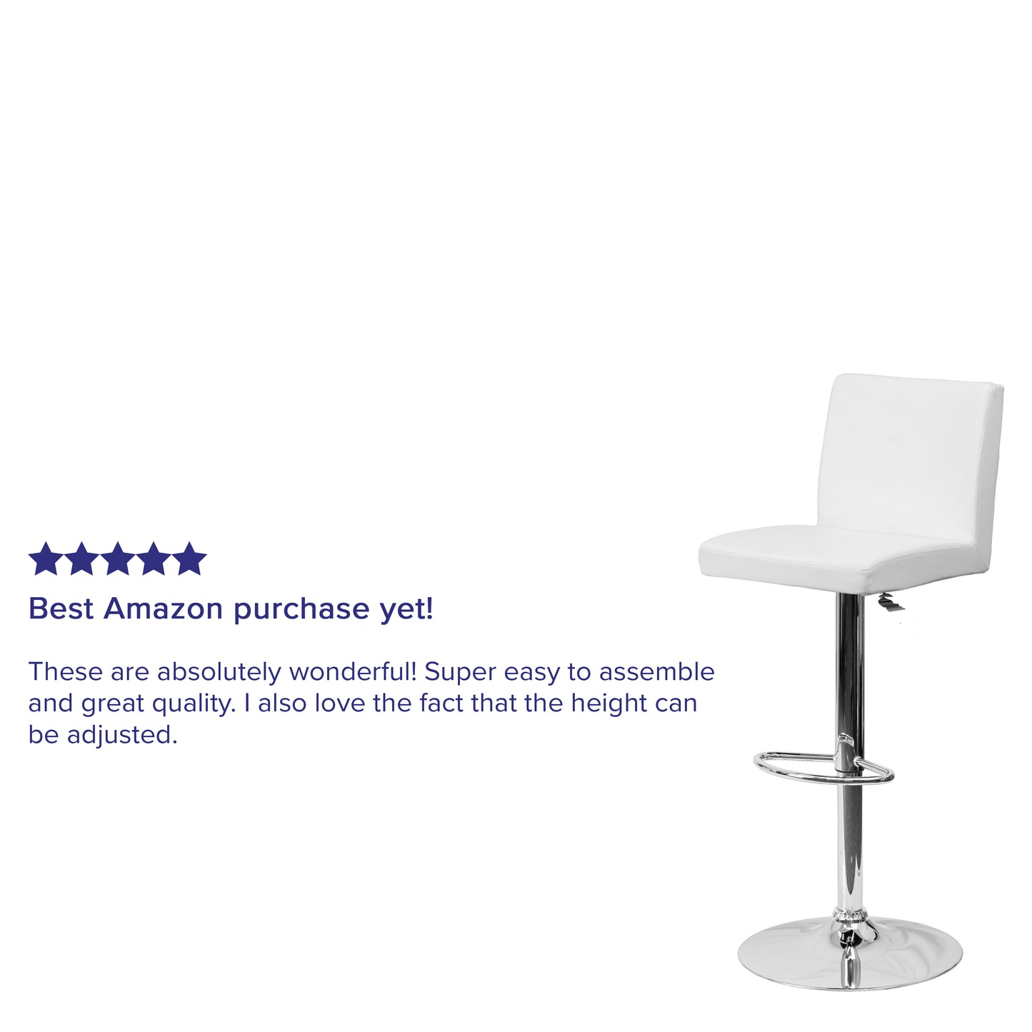 Betty Contemporary White Vinyl Adjustable Height Barstool with Panel Back and Chrome Base White
