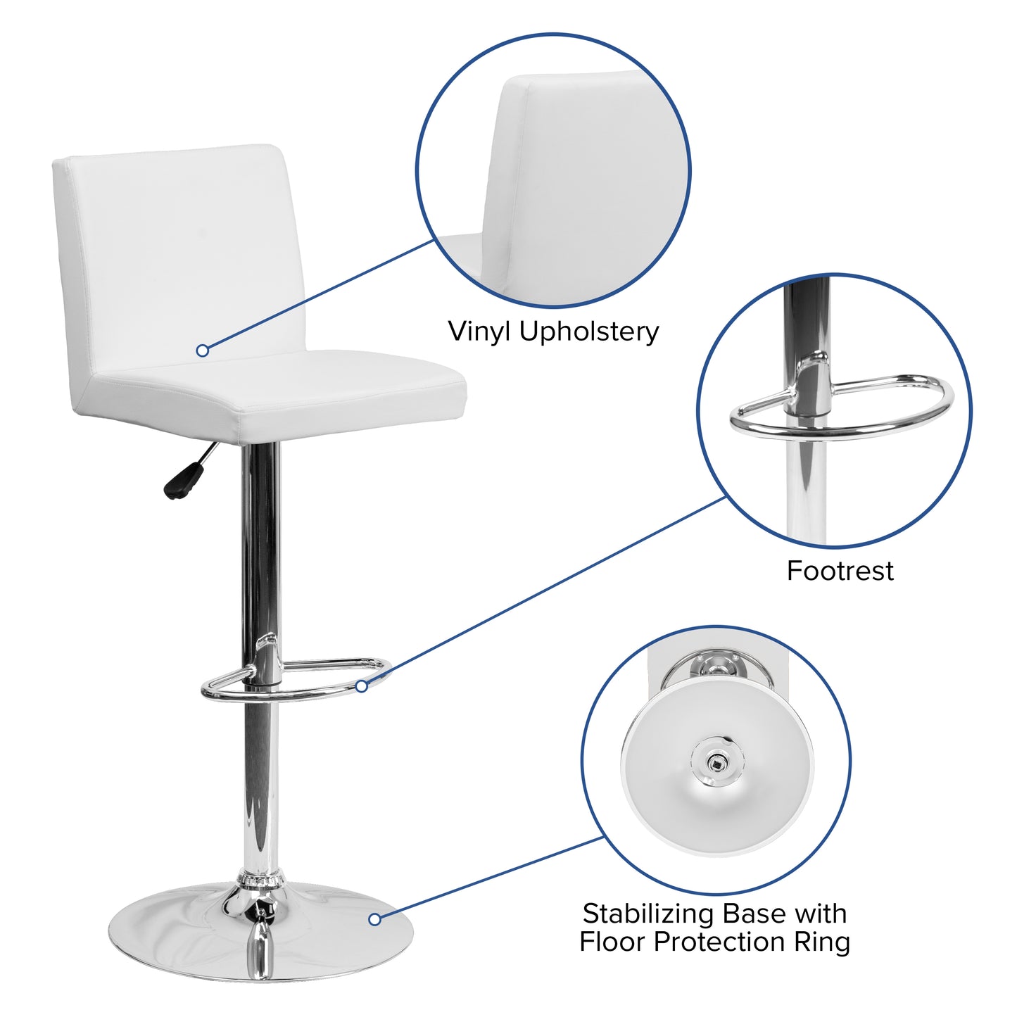 Betty Contemporary White Vinyl Adjustable Height Barstool with Panel Back and Chrome Base White