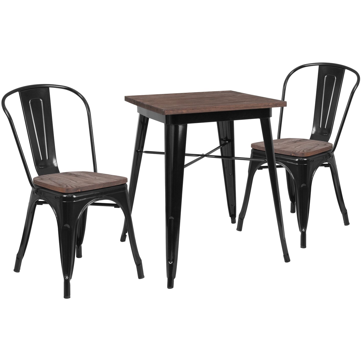 Bailey 23.5" Square Black Metal Table Set with Wood Top and 2 Stack Chairs Black