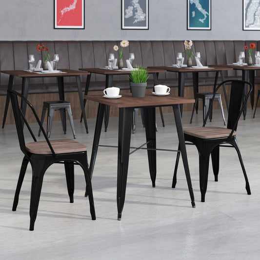 Bailey 23.5" Square Black Metal Table Set with Wood Top and 2 Stack Chairs Black CH-WD-TBCH-15-GG