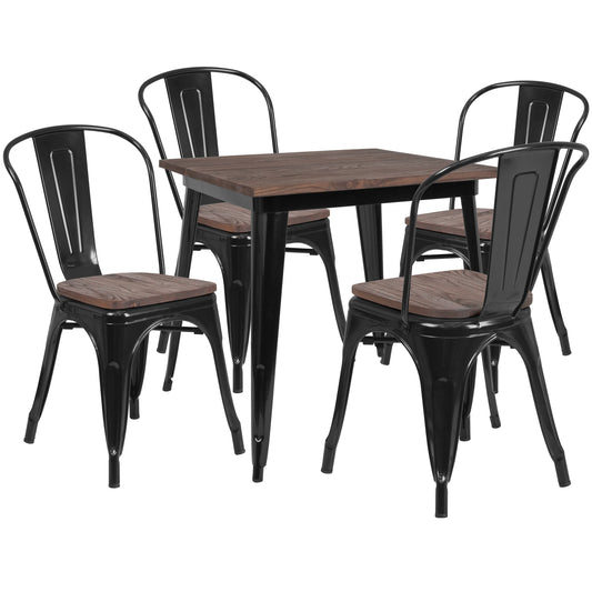 Bailey 31.5" Square Black Metal Table Set with Wood Top and 4 Stack Chairs Black CH-WD-TBCH-18-GG