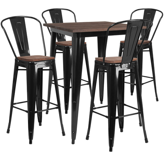 Bailey 31.5" Square Black Metal Bar Table Set with Wood Top and 4 Stools Black