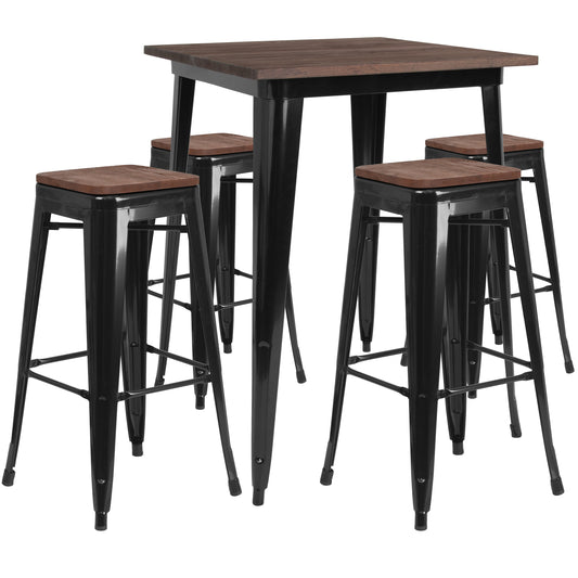 Bailey 31.5" Square Black Metal Bar Table Set with Wood Top and 4 Backless Stools Black