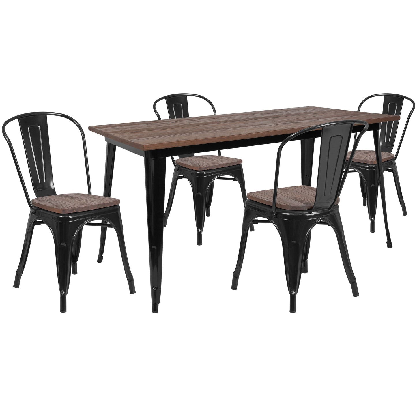 Bailey 30.25" x 60" Black Metal Table Set with Wood Top and 4 Stack Chairs Black