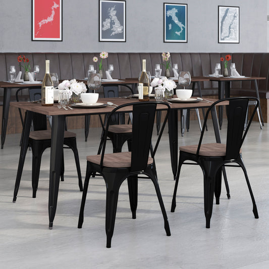 Bailey 30.25" x 60" Black Metal Table Set with Wood Top and 4 Stack Chairs Black CH-WD-TBCH-27-GG