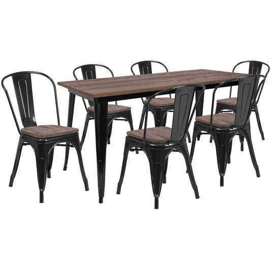 Bailey 30.25" x 60" Black Metal Table Set with Wood Top and 6 Stack Chairs Black CH-WD-TBCH-28-GG