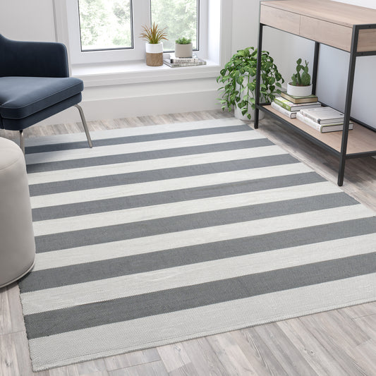 Melissa 5' x 7' Grey & White Striped Handwoven Indoor/Outdoor Cabana Style Stain Resistant Area Rug Grey/ White