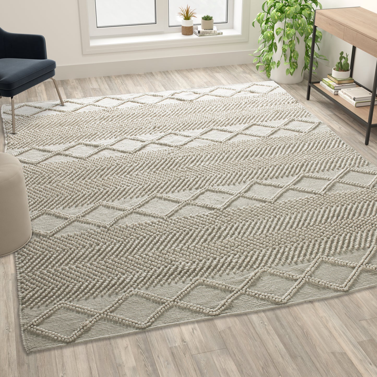 Melissa 8' x 10' White & Ivory Geometric Design Handwoven Area Rug - Wool/Polyester/Cotton Blend White/Ivory