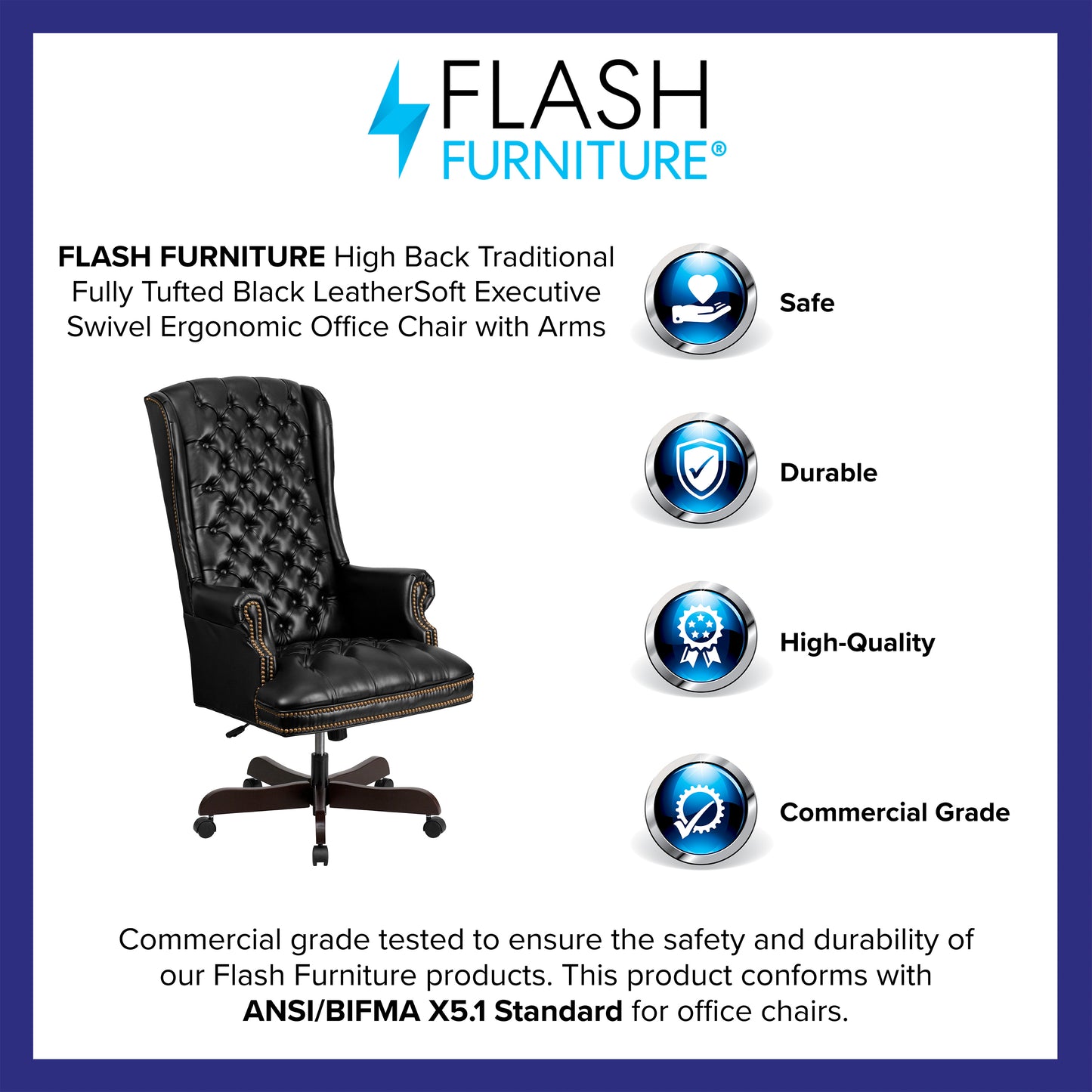 Turner High Back Traditional Fully Tufted Black LeatherSoft Executive Swivel Ergonomic Office Chair with Arms Black